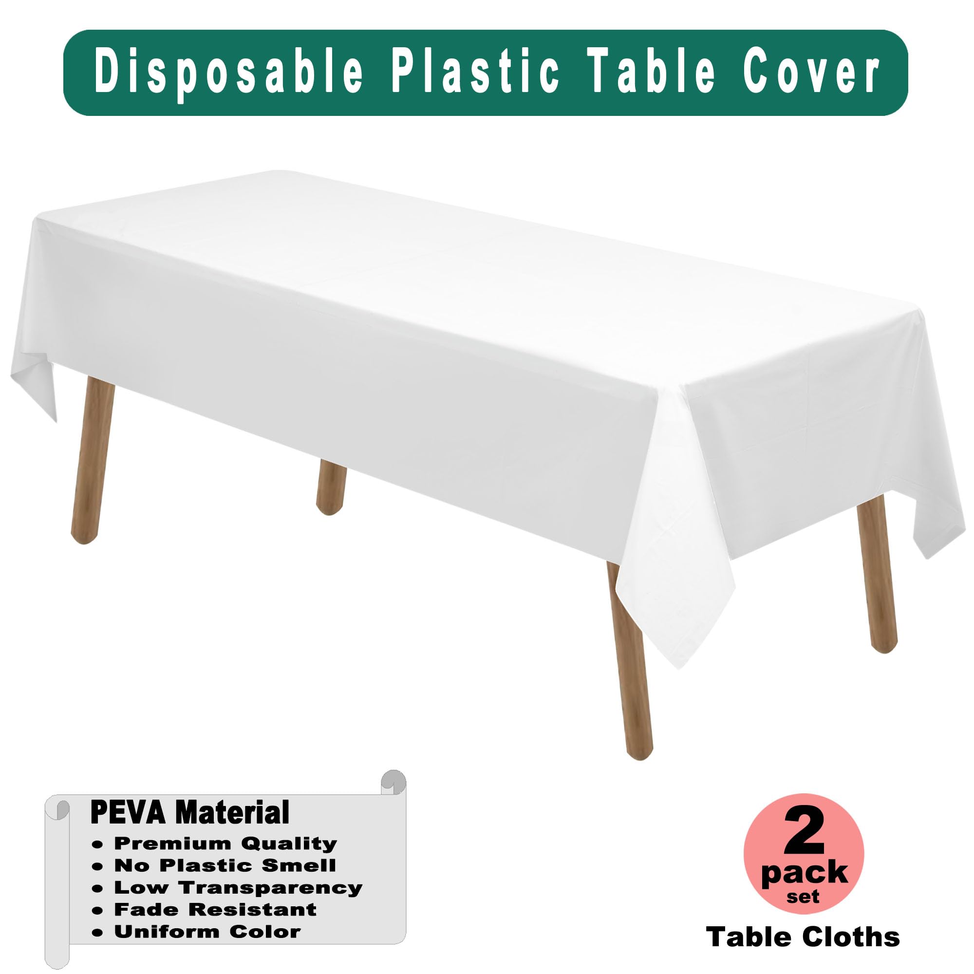 PARTY ULYJA White Plastic Tablecloths 2 Pack Disposable Table Covers 54 x 108 Inch Bridal Shower PEVA Vinyl Table Cloths for Picnic Birthday Wedding Banquet Parties 8 ft Rectangle Table Use