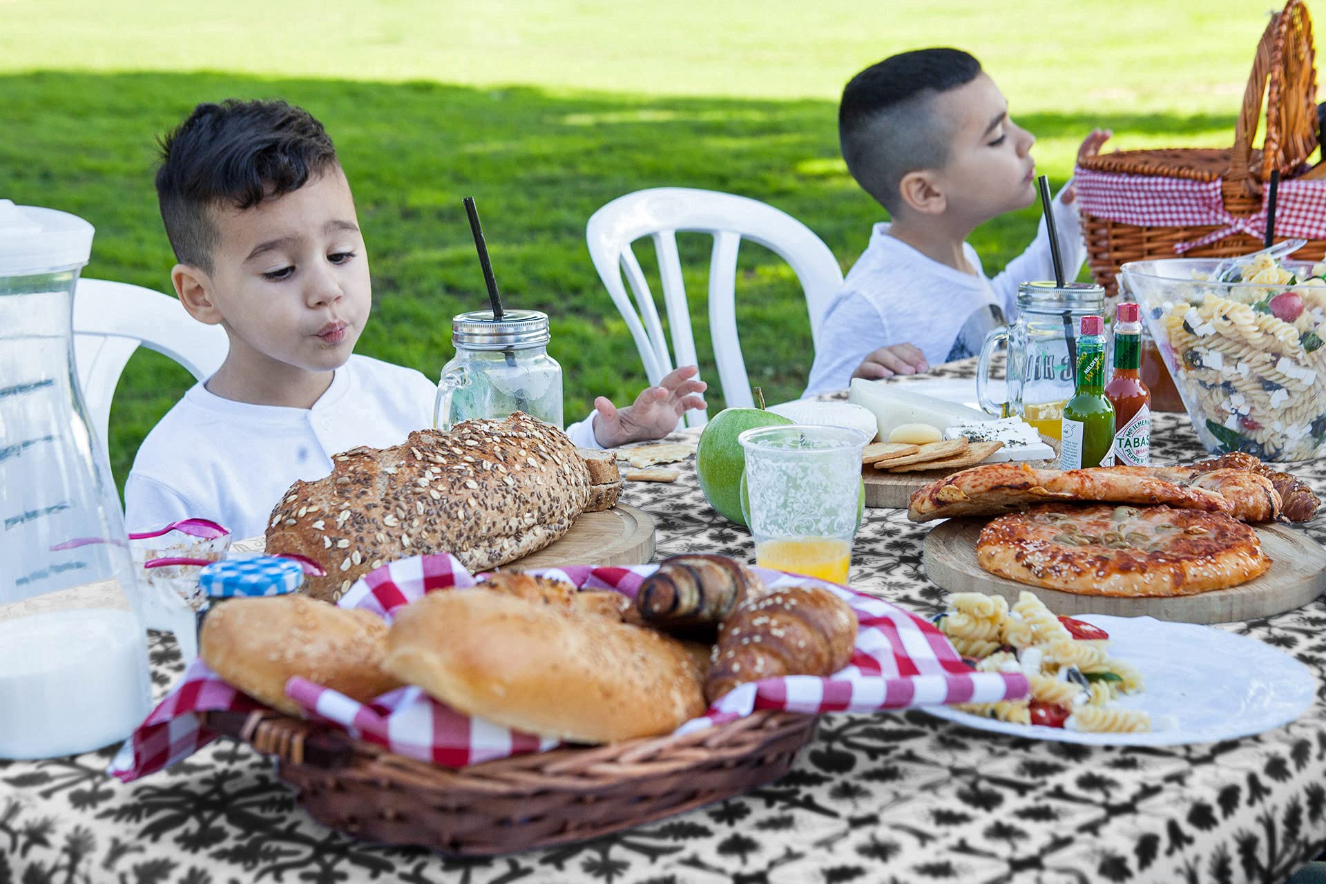 TopTableCloth 5 Foot 60 x 30 inch Black Patterned Tablecloth Elastic Corner Fitted Rectangular Folding Vinyl Table Cover Cloth Xmas Plastic Waterproof Picnic Party Home for Indoor and Outdoor Use