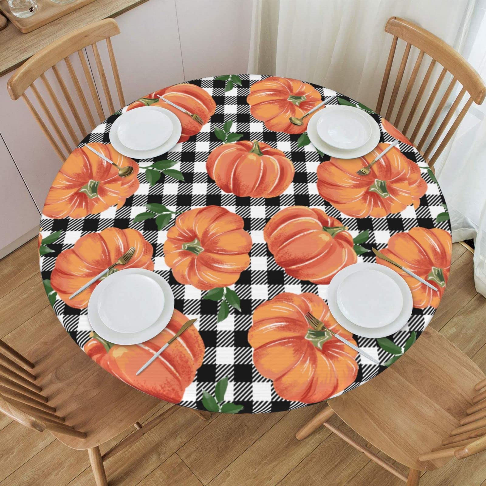 Fiokroo Autumn Pumpkins Checkerboard Tablecloth with Elastic Edge, Round Table Cloth Happy Thanksgiving Washable Reusable Table Cover for Kitchen Dining Party Picnic, Small