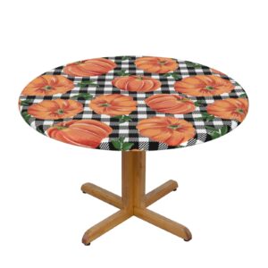 Fiokroo Autumn Pumpkins Checkerboard Tablecloth with Elastic Edge, Round Table Cloth Happy Thanksgiving Washable Reusable Table Cover for Kitchen Dining Party Picnic, Small