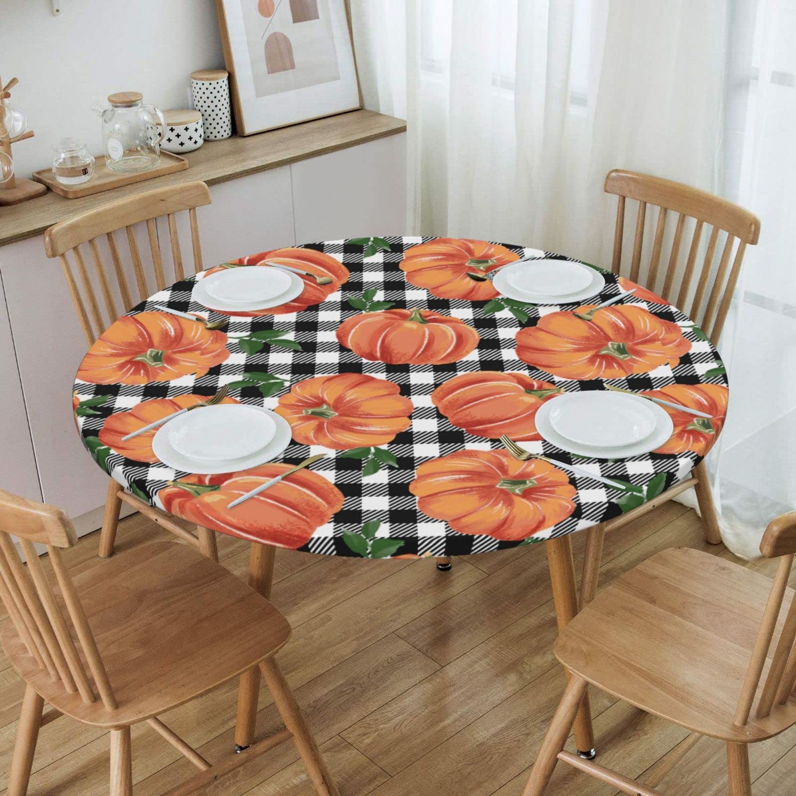 Fiokroo Autumn Pumpkins Checkerboard Tablecloth with Elastic Edge, Round Table Cloth Happy Thanksgiving Washable Reusable Table Cover for Kitchen Dining Party Picnic, Small