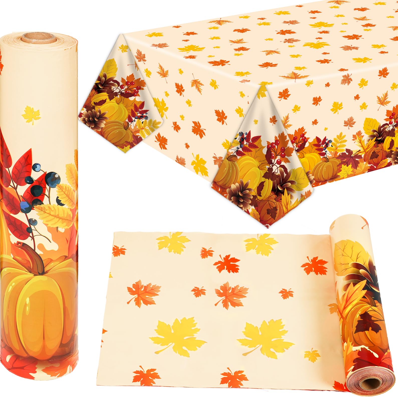 Fall Pumpkin Tablecloth Roll 52 in x 100 Ft with Slide Cutter Thanksgiving Fall Party Table Cloth Roll Maple Leaf fall Table Cover for Autumn Events Family Banquet Parties and Celebrations(Plastic)