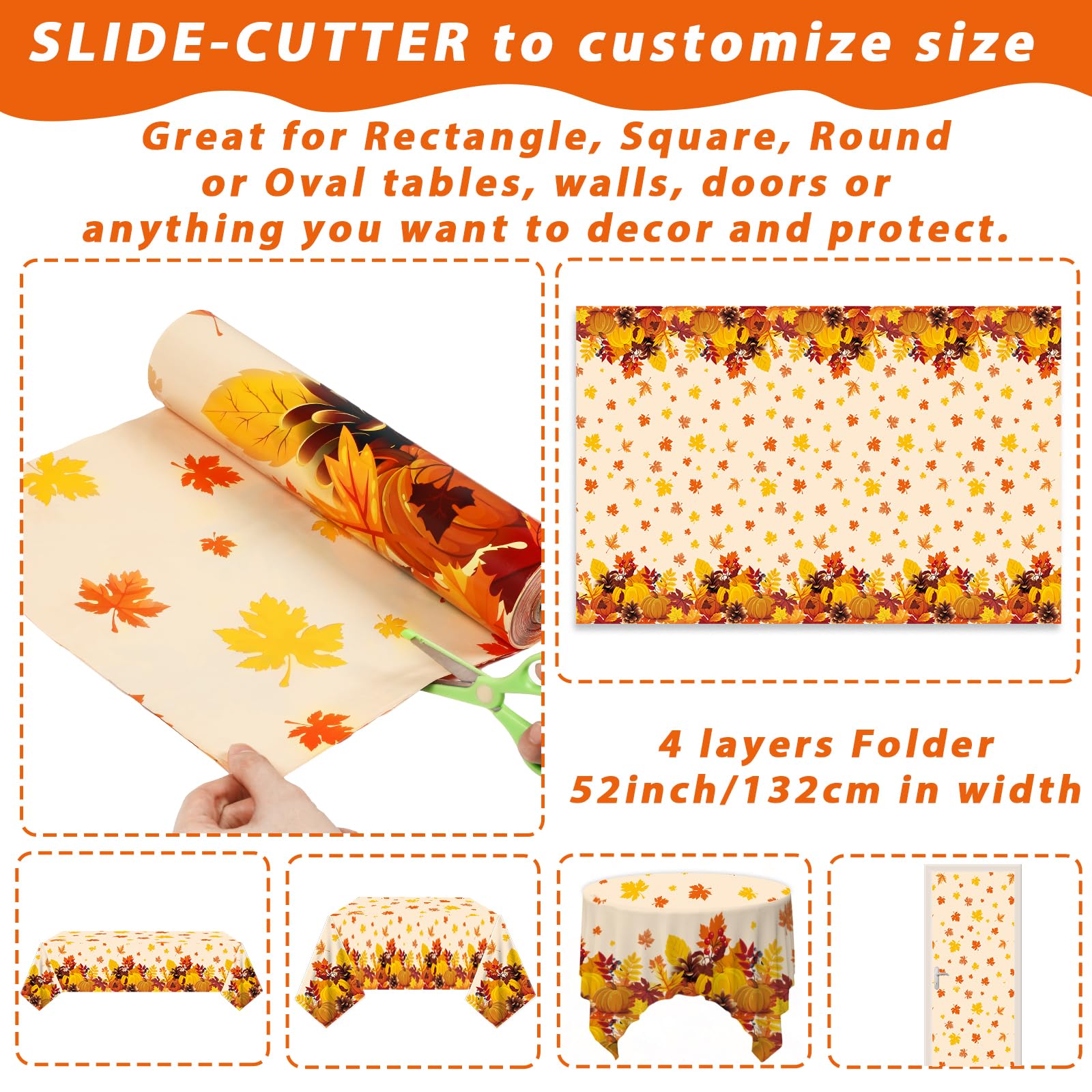 Fall Pumpkin Tablecloth Roll 52 in x 100 Ft with Slide Cutter Thanksgiving Fall Party Table Cloth Roll Maple Leaf fall Table Cover for Autumn Events Family Banquet Parties and Celebrations(Plastic)