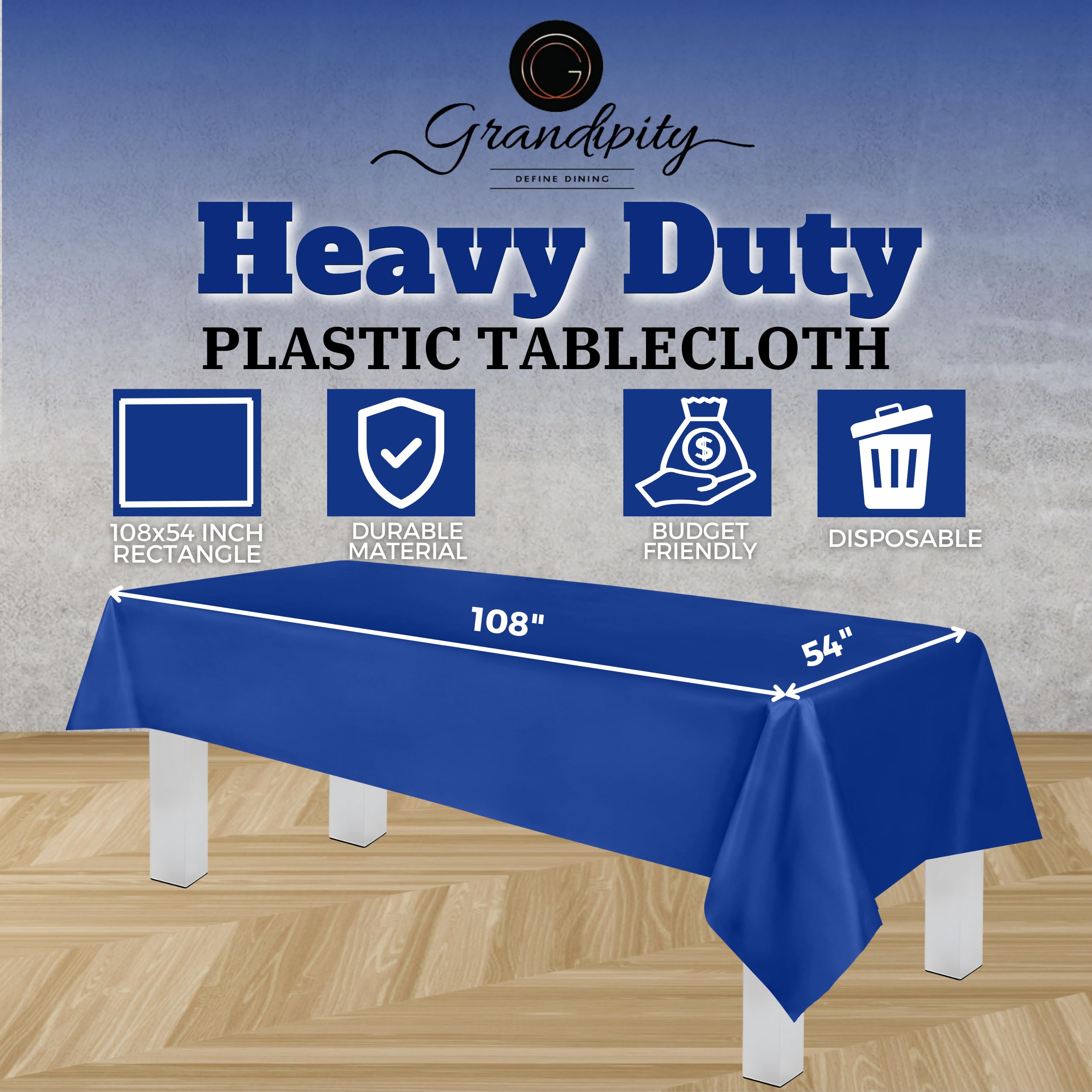 Grandipity Blue Plastic Table Cloth Disposable (6 Pk) 54in x 108in Plastic Tablecloths for Rectangle Tables - Premium Party Table Cloths Disposable for 6ft to 8ft Rectangle Tables