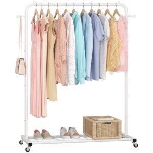 sywhitta clothes rack on wheels, clothing rack with bottom mesh storage shelf,sturdy metal frame,rolling garment rack for hanging clothes,coats,skirts,39.76" l x 16" w x 64.56" h,white