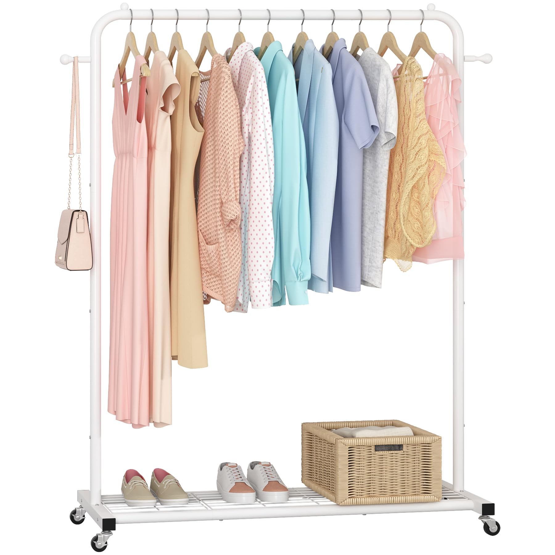 Sywhitta Clothes Rack on wheels, Clothing Rack with Bottom Mesh Storage Shelf,Sturdy Metal Frame,Rolling Garment Rack for Hanging Clothes,Coats,Skirts,39.76" L x 16" W x 64.56" H,White