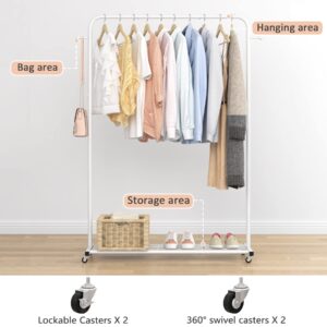 Sywhitta Clothes Rack on wheels, Clothing Rack with Bottom Mesh Storage Shelf,Sturdy Metal Frame,Rolling Garment Rack for Hanging Clothes,Coats,Skirts,39.76" L x 16" W x 64.56" H,White