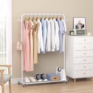 Sywhitta Clothes Rack on wheels, Clothing Rack with Bottom Mesh Storage Shelf,Sturdy Metal Frame,Rolling Garment Rack for Hanging Clothes,Coats,Skirts,39.76" L x 16" W x 64.56" H,White