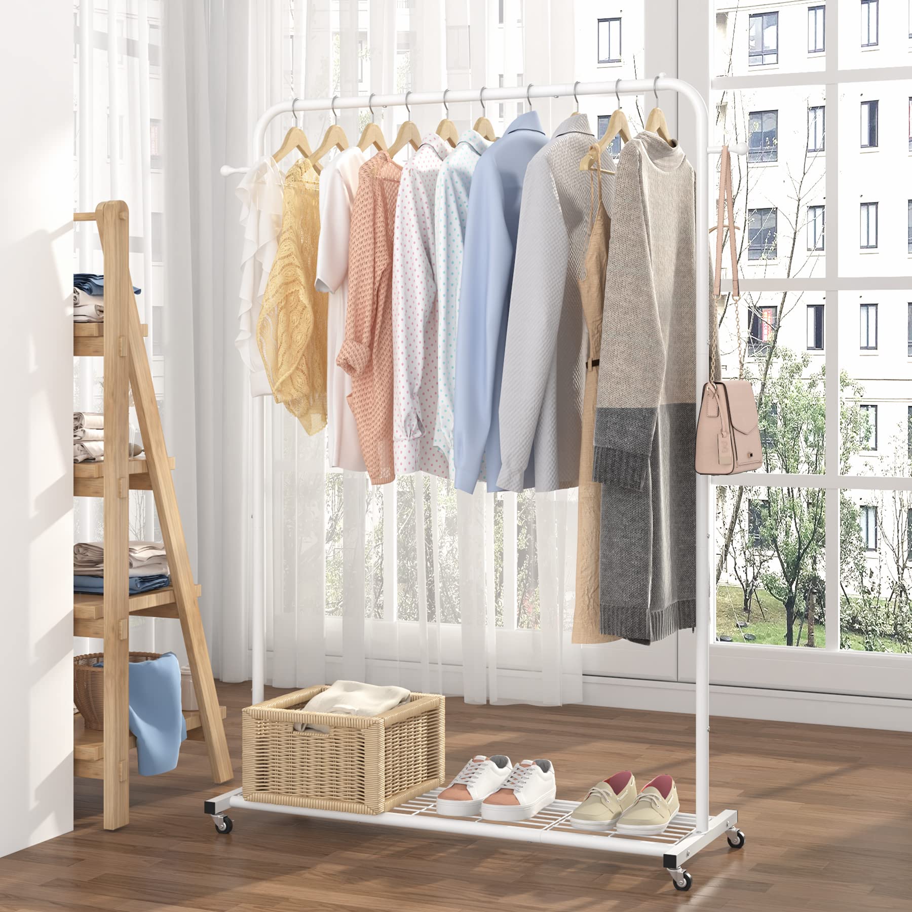 Sywhitta Clothes Rack on wheels, Clothing Rack with Bottom Mesh Storage Shelf,Sturdy Metal Frame,Rolling Garment Rack for Hanging Clothes,Coats,Skirts,39.76" L x 16" W x 64.56" H,White