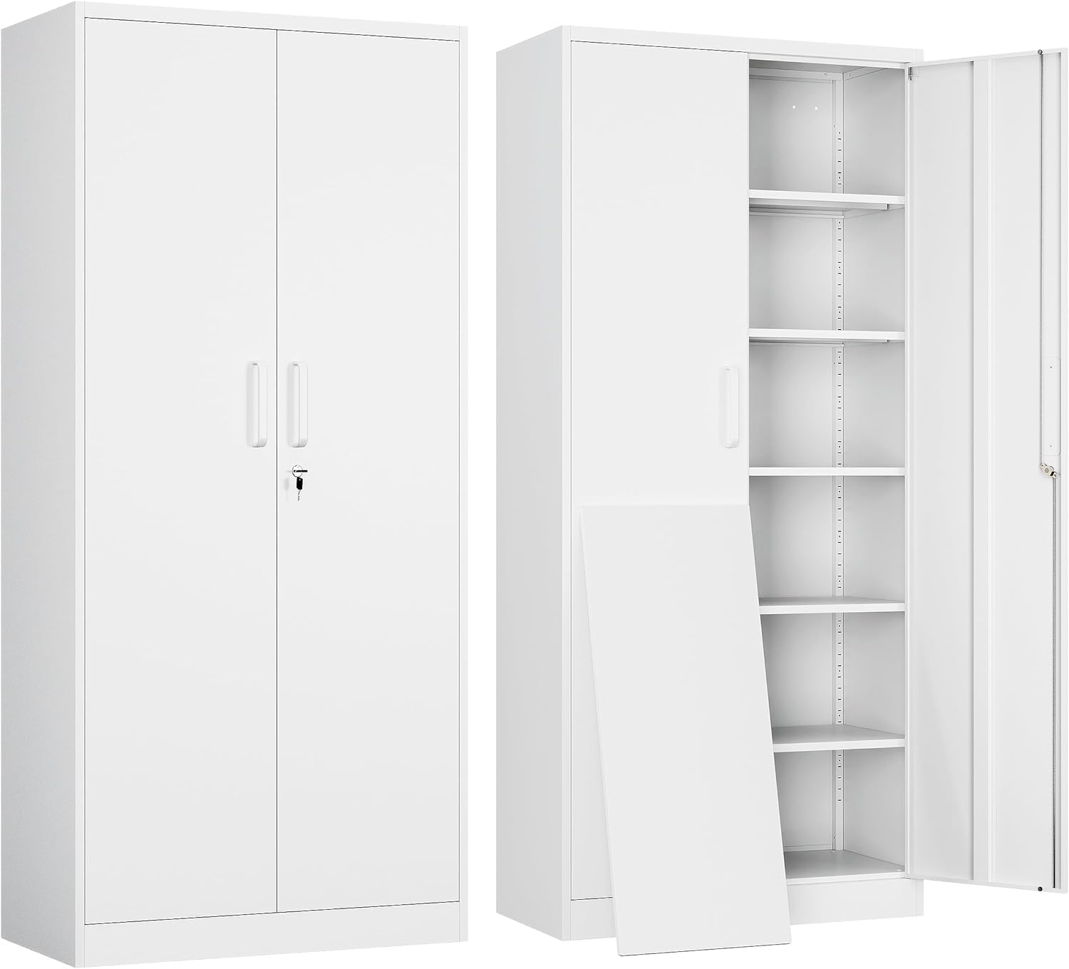 Yizosh Metal Garage Storage Cabinet with 2 Doors and 5 Adjustable Shelves - 71" Steel Lockable File Cabinet,Locking Tool Cabinets for Office,Home,Garage,Gym,School (White)