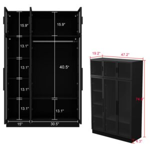 Hitow Wardrobe Cabinet with LED Light Strips, Armoire Closet with Glass Doors, Wooden Large Wardrobe with 5 Tiers Shelf & Hanging Rod, Modern Bedroom Armoire Clothes Organizer, Black 47.2" W