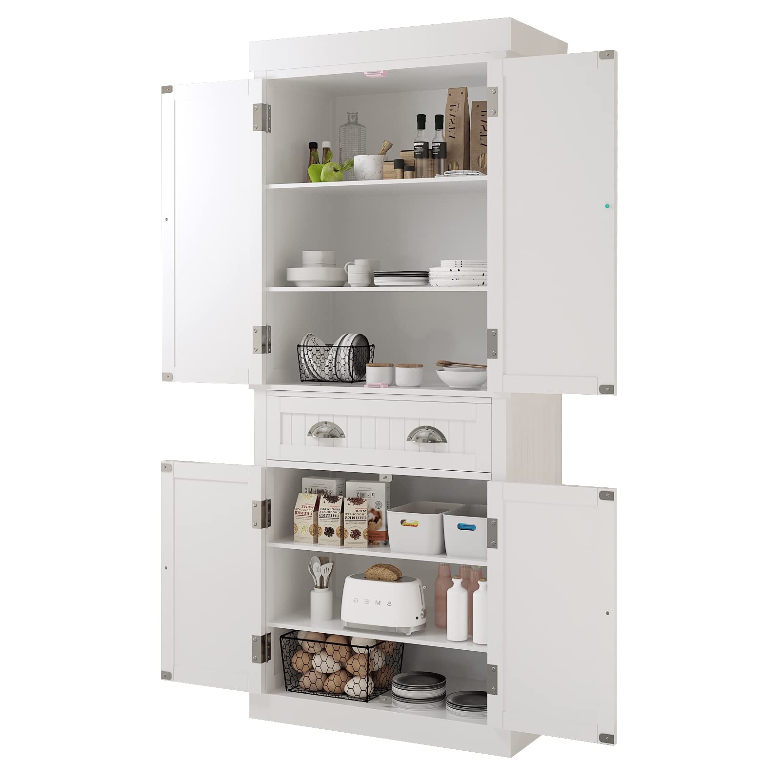 Squireewo 72" Freestanding Kitchen Pantry Storage Cabinet with Doors and Adjustable Shelves,Storage Cupboard with Large Drawer for Kitchen,Bathroom or Hallway,White