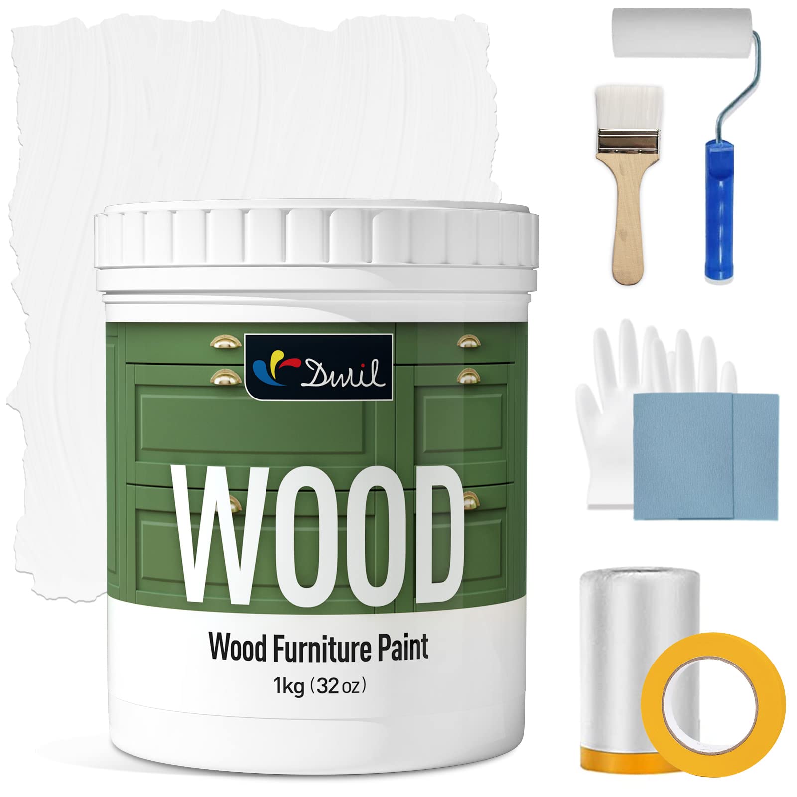 DWIL Matte Finish Furniture Paint - 32 Oz Wood Paint for Cabinets, Doors, Tables, and Dressers Refinishing - Water-Based, Non-Toxic & Odorless, Easy to Apply(White)-With Tools