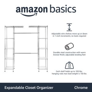 Amazon Basics Expandable Metal Hanging Storage Organizer Rack Wardrobe with Shelves, 57-80 x 14 x 72 inches (LxWxH), Chrome