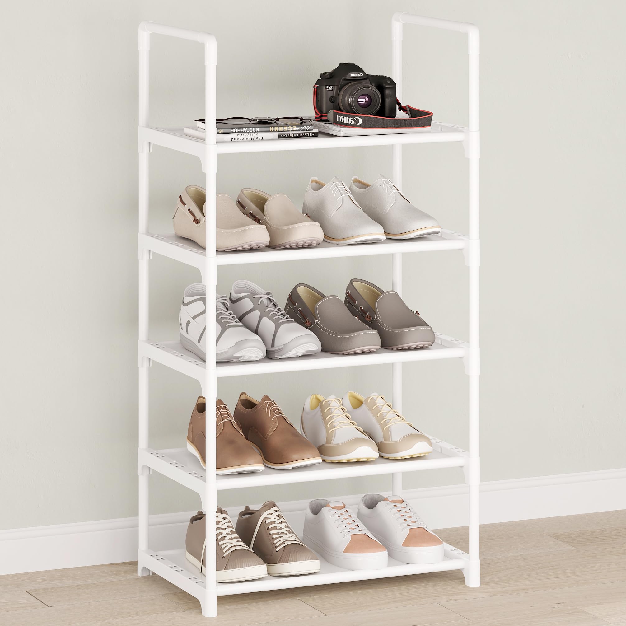 Hockmez 5-Tier Small Shoe Rack,Stackable Shoe Shelf Storage Organizer for Entryway Hallway Closet Bathroom Living Room(White-5Tier)