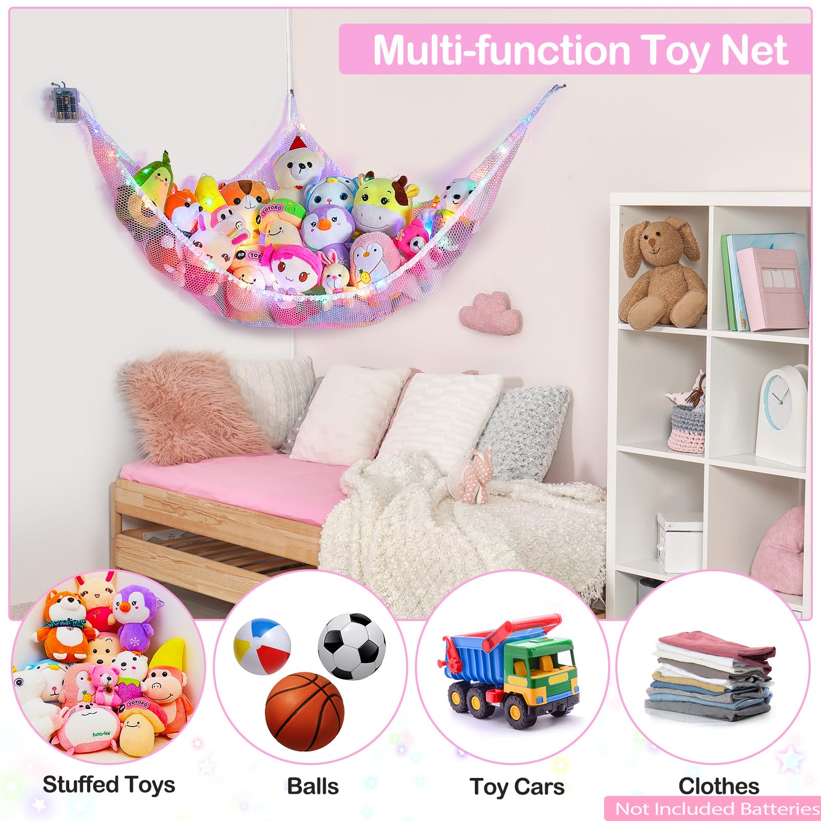 Beinou Stuffed Animals Net or Hammock Kids Toy Storage Organizer Holder Corner Stuffed Animals Storage Hanging Mesh For Kids Room Girls Playroom Decor