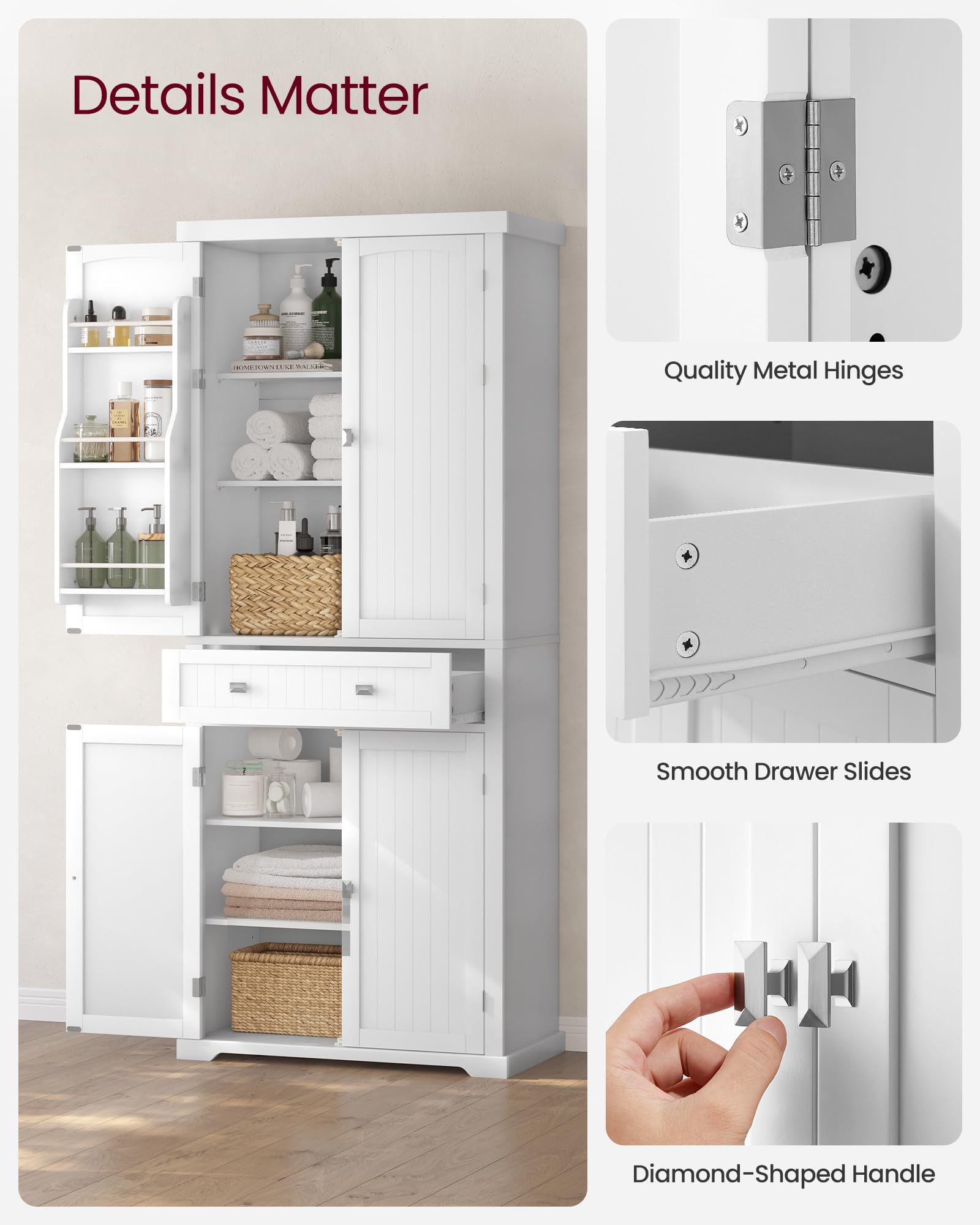 VASAGLE Pantry Cabinet, 71.7-Inch High Freestanding Tall Cupboard Storage Cabinet with a Drawer, 2 Cabinets, 4 Adjustable Shelves, 6 Door Shelves, for Living Room, Kitchen, White UBBC561P31V2