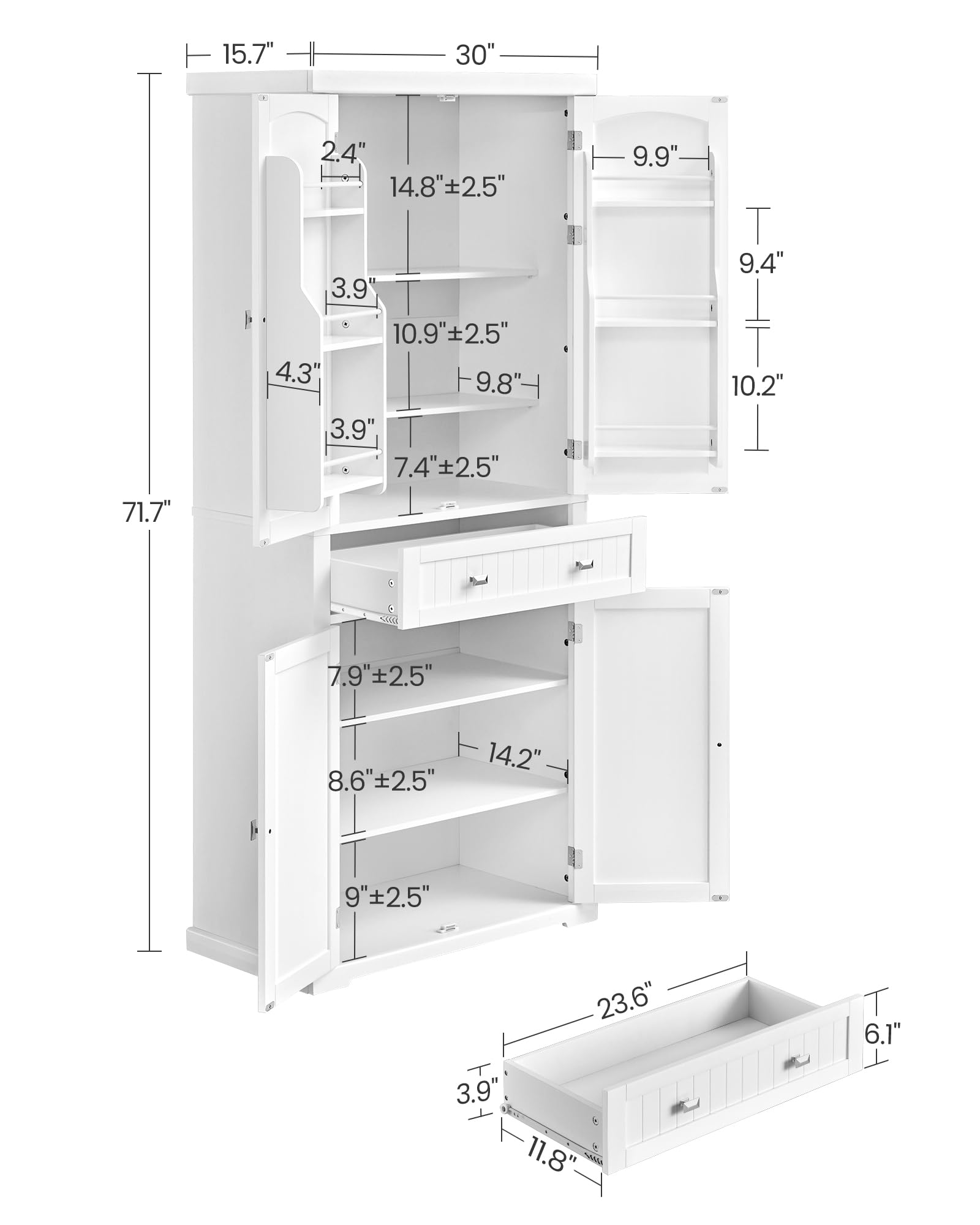 VASAGLE Pantry Cabinet, 71.7-Inch High Freestanding Tall Cupboard Storage Cabinet with a Drawer, 2 Cabinets, 4 Adjustable Shelves, 6 Door Shelves, for Living Room, Kitchen, White UBBC561P31V2