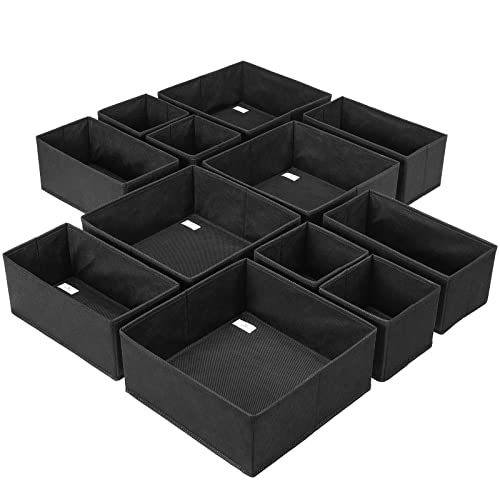 Hinotori Drawer Organizer for Clothing Foldable Storage Bins Closet Baby Dresser Drawer Divider Nursery Basket Box for Underwear, Bras, Lingerie, Black, 12 Pack