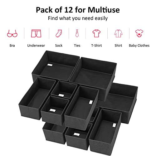 Hinotori Drawer Organizer for Clothing Foldable Storage Bins Closet Baby Dresser Drawer Divider Nursery Basket Box for Underwear, Bras, Lingerie, Black, 12 Pack