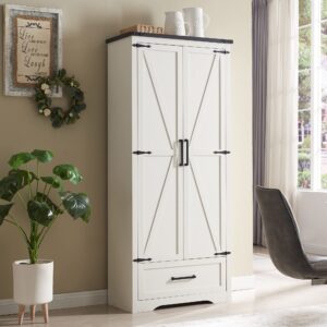 jxqtlingmu 72" tall farmhouse pantry cabinet with adjustable shelves with drawer & 2 barn doors, versatile storage for kitchen, living room, bathroom, antique white