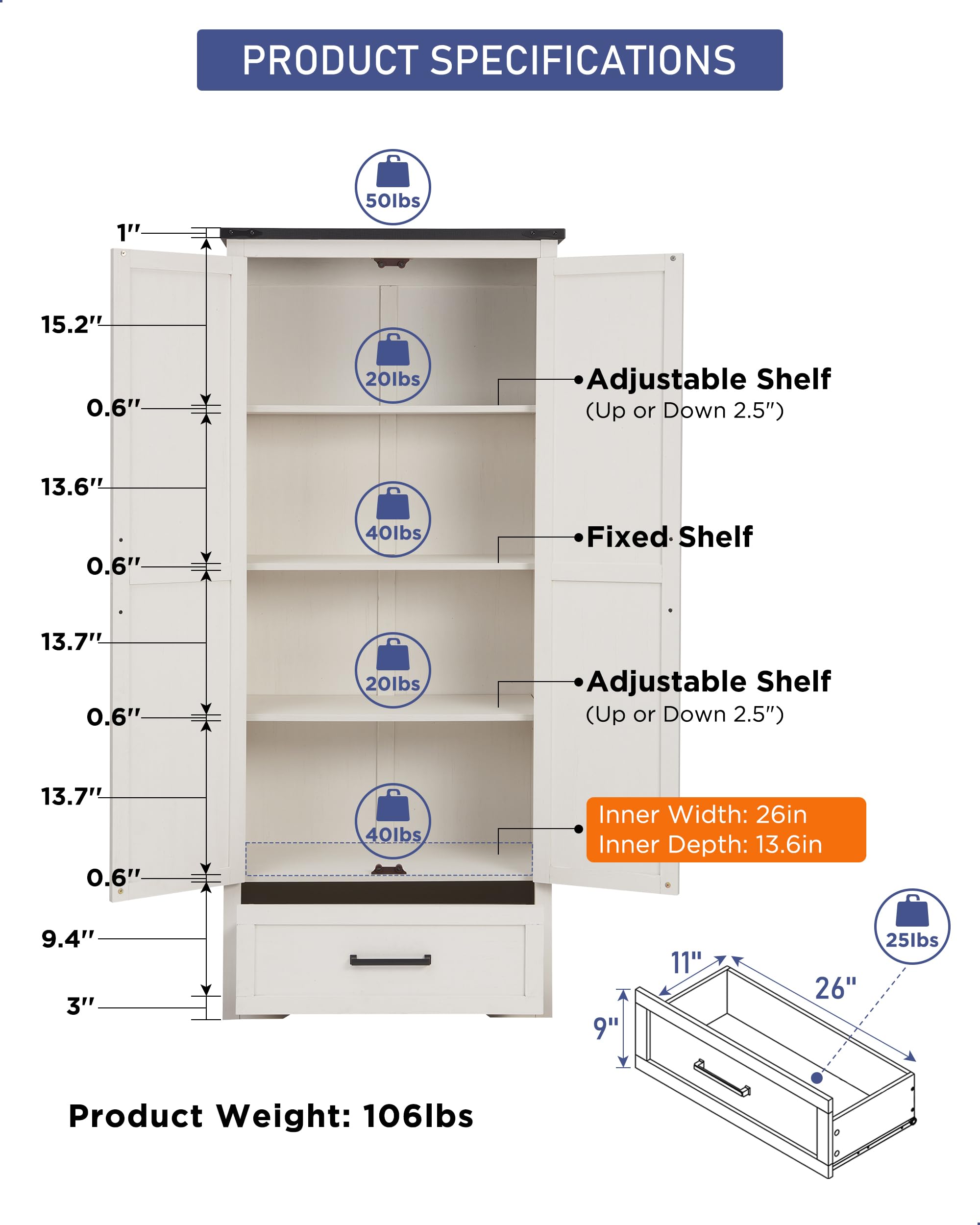 JXQTLINGMU 72" Tall Farmhouse Pantry Cabinet with Adjustable Shelves with Drawer & 2 Barn Doors, Versatile Storage for Kitchen, Living Room, Bathroom, Antique White