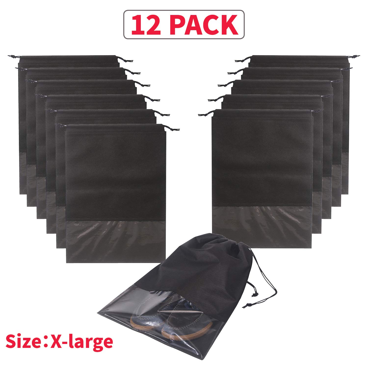 12PCS Travel Shoe Bags with Rope for Men and Women Large Shoes Pouch Storage Packing Organizers, Black