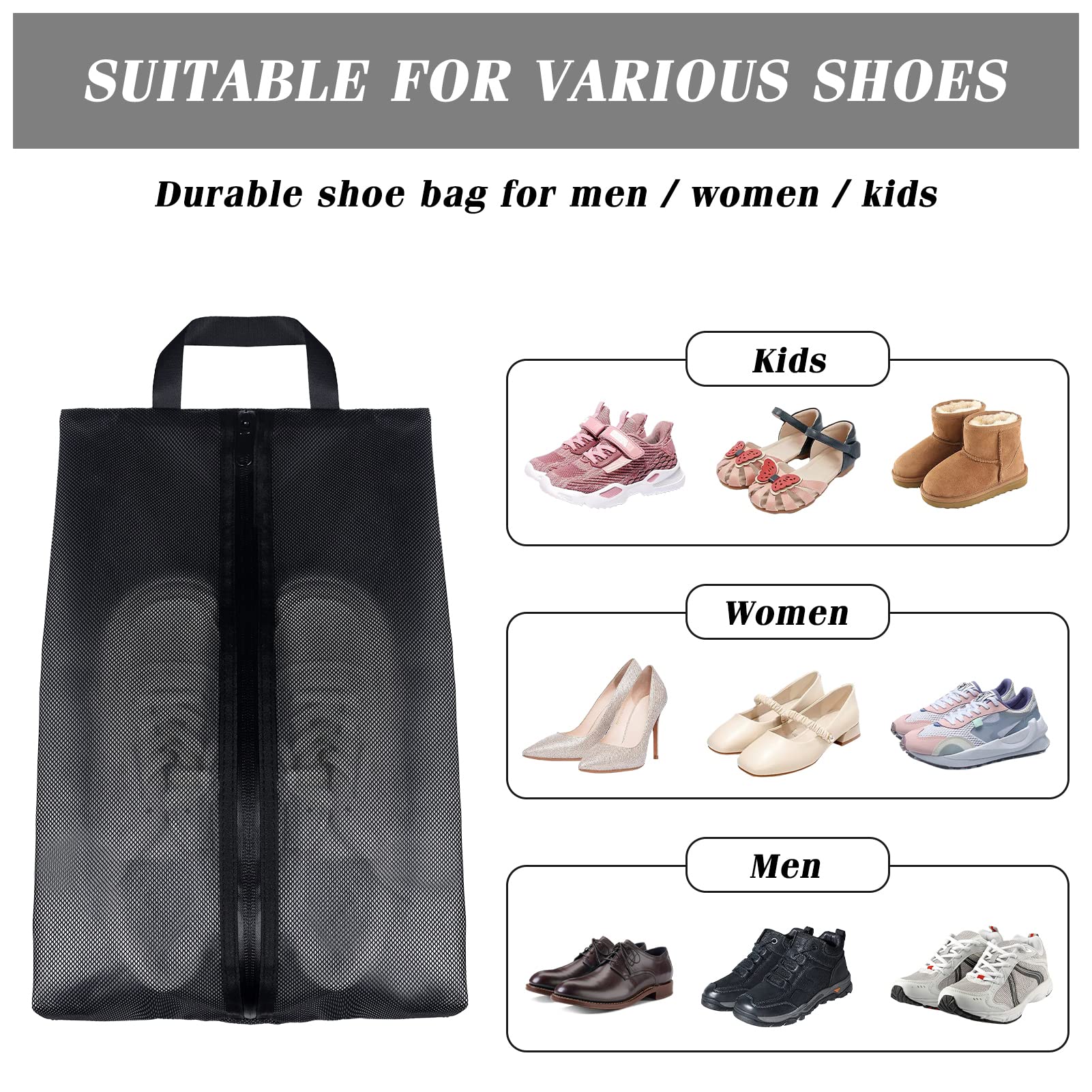 Moyad Shoe Bags for Travel Shoe Pouch with Zipper, Large Capacity Shoes Packing Bag Waterproof Shoes Storage Organizer for Men, Women - 1 Pack, Black