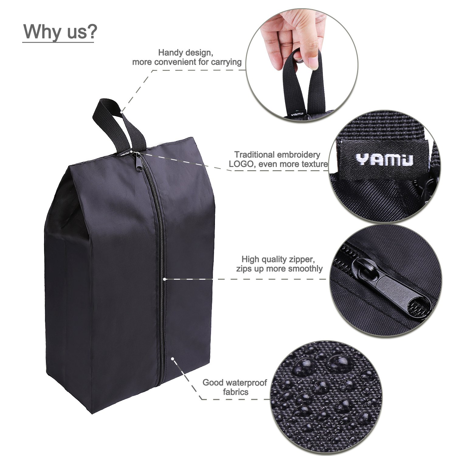 YAMIU Travel Shoe Bags Set of 2 Waterproof Nylon with Zipper for Men & Women (Black)