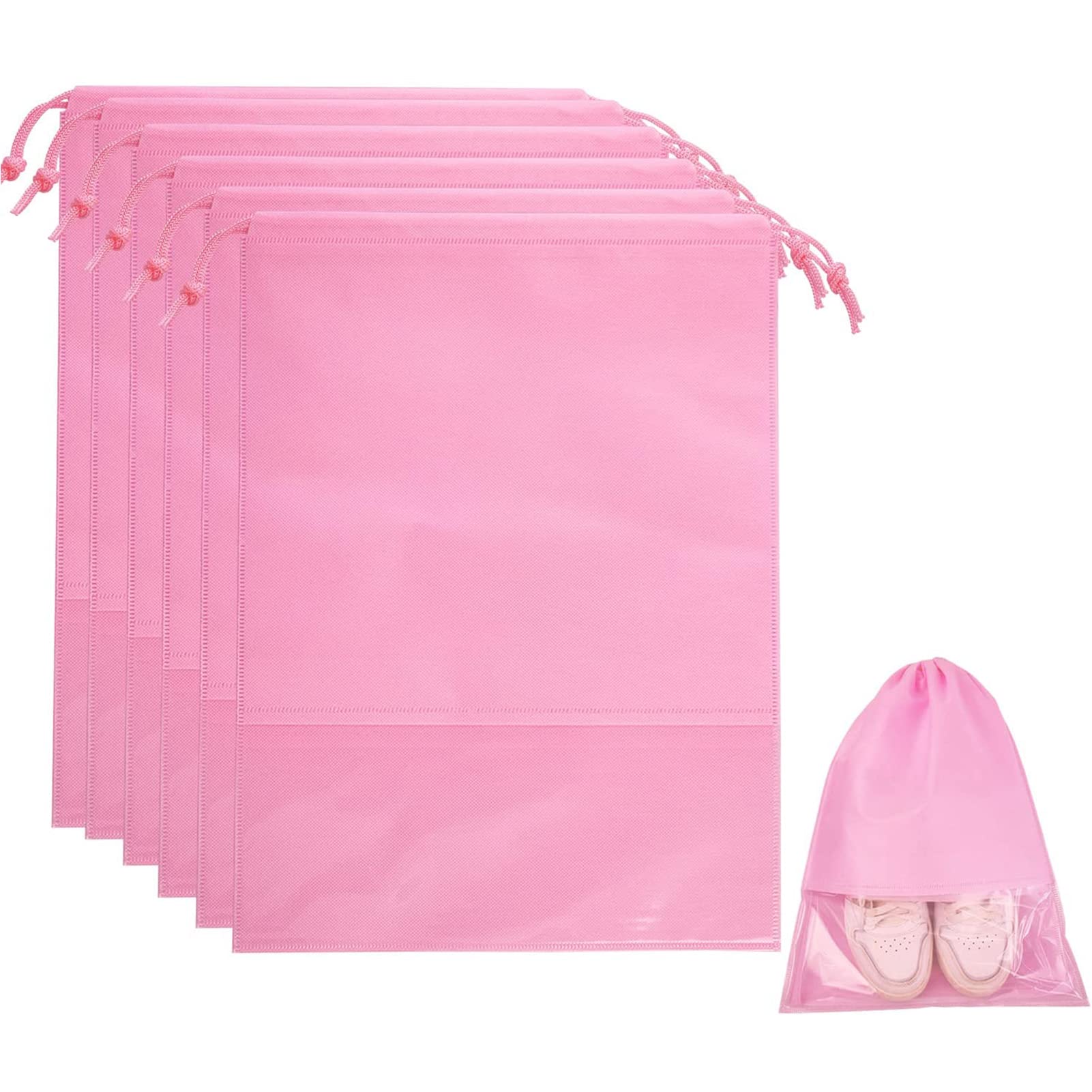 6 Pcs Travel Shoe Bags, ULIFEMALL Large Non-Woven Drawstring Shoes Storage Bag with Transparent Slot Clear Window Portable Waterproof Dustproof Pouch Packing Organizer for Men Women, Pink #1