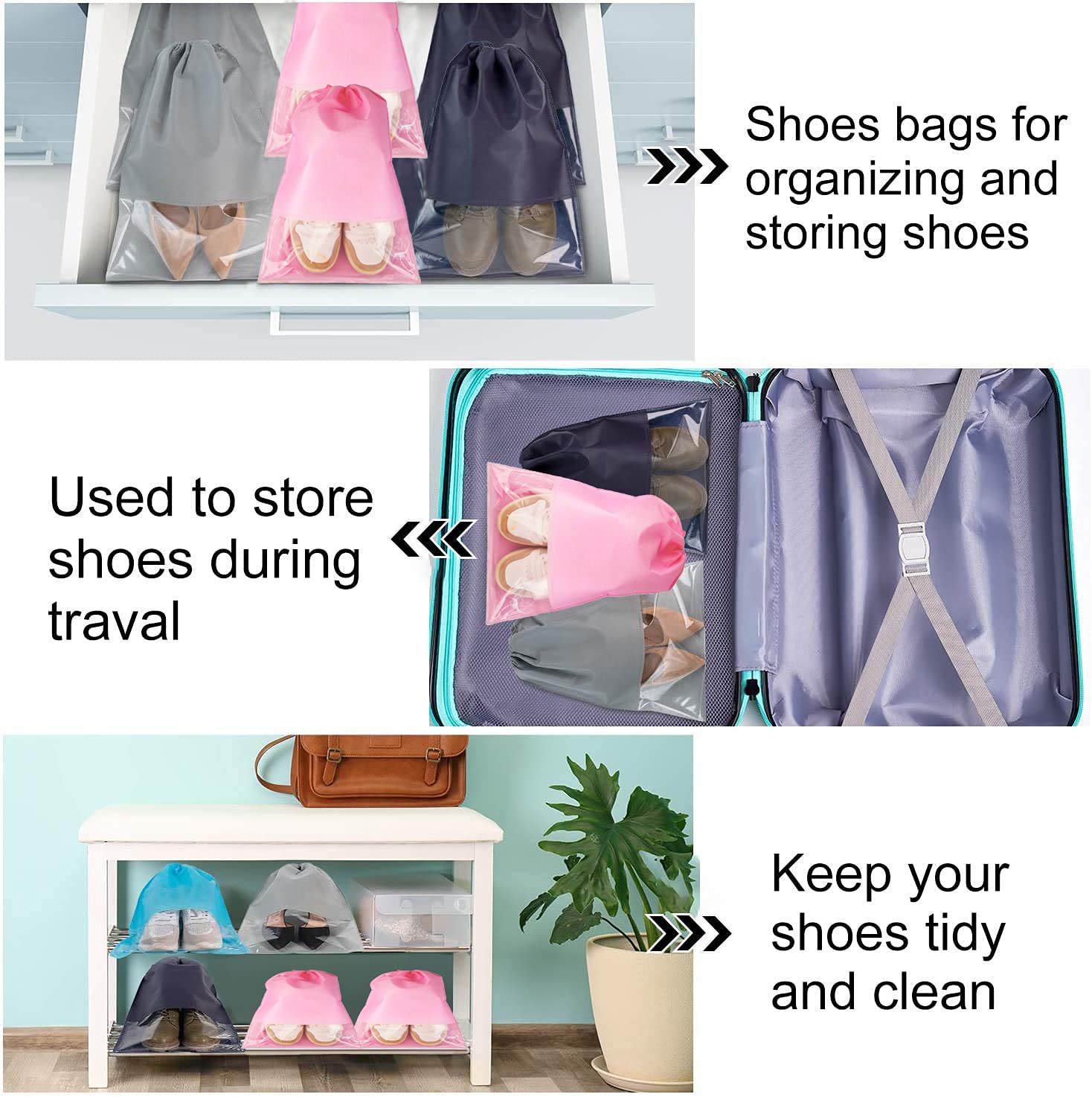 6 Pcs Travel Shoe Bags, ULIFEMALL Large Non-Woven Drawstring Shoes Storage Bag with Transparent Slot Clear Window Portable Waterproof Dustproof Pouch Packing Organizer for Men Women, Pink #1