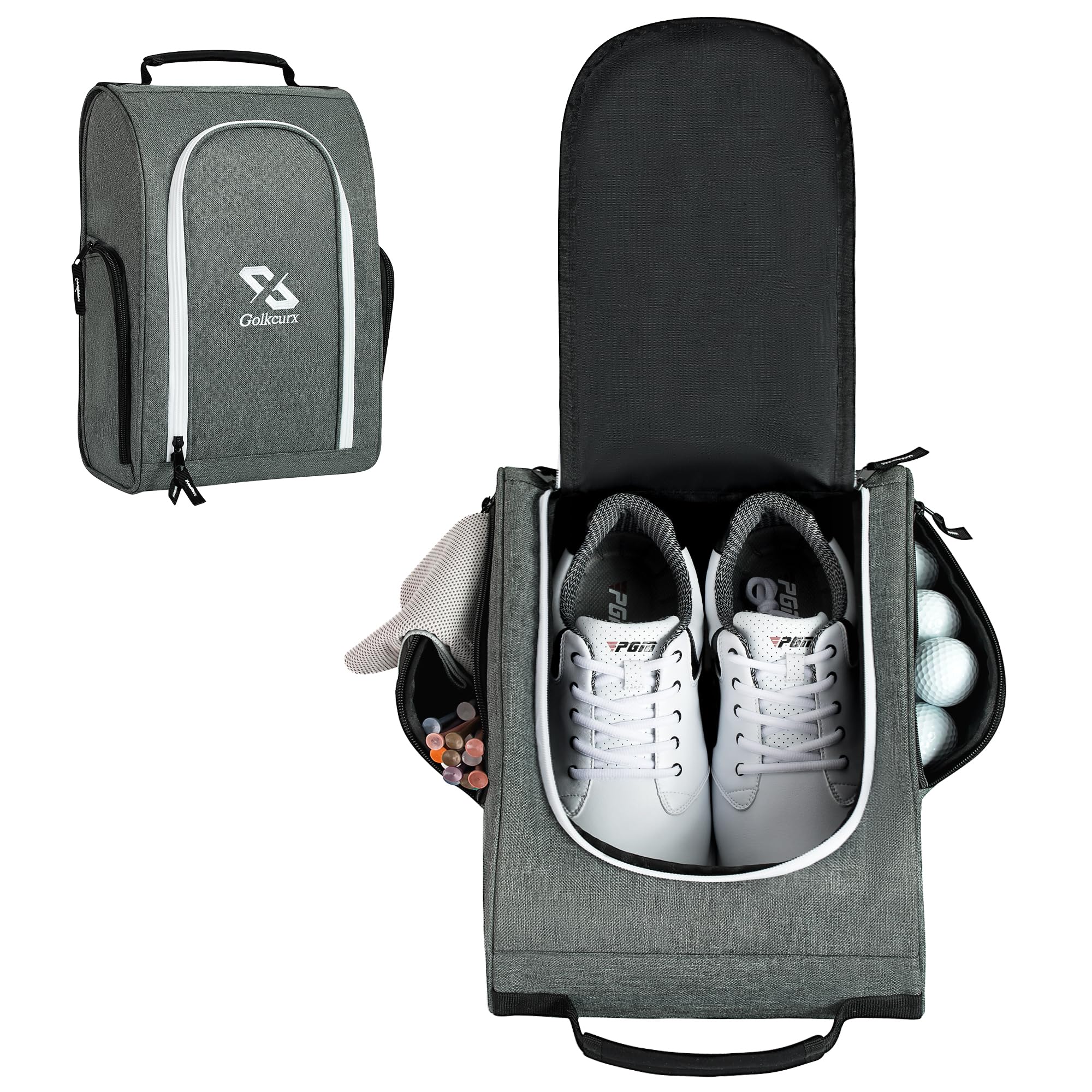 Golkcurx Golf Shoe Bag for Travel Zippered Sport Shoe Carrier Bags with Side Accessory Pockets for Socks, Tees, Golf Balls（Grey）