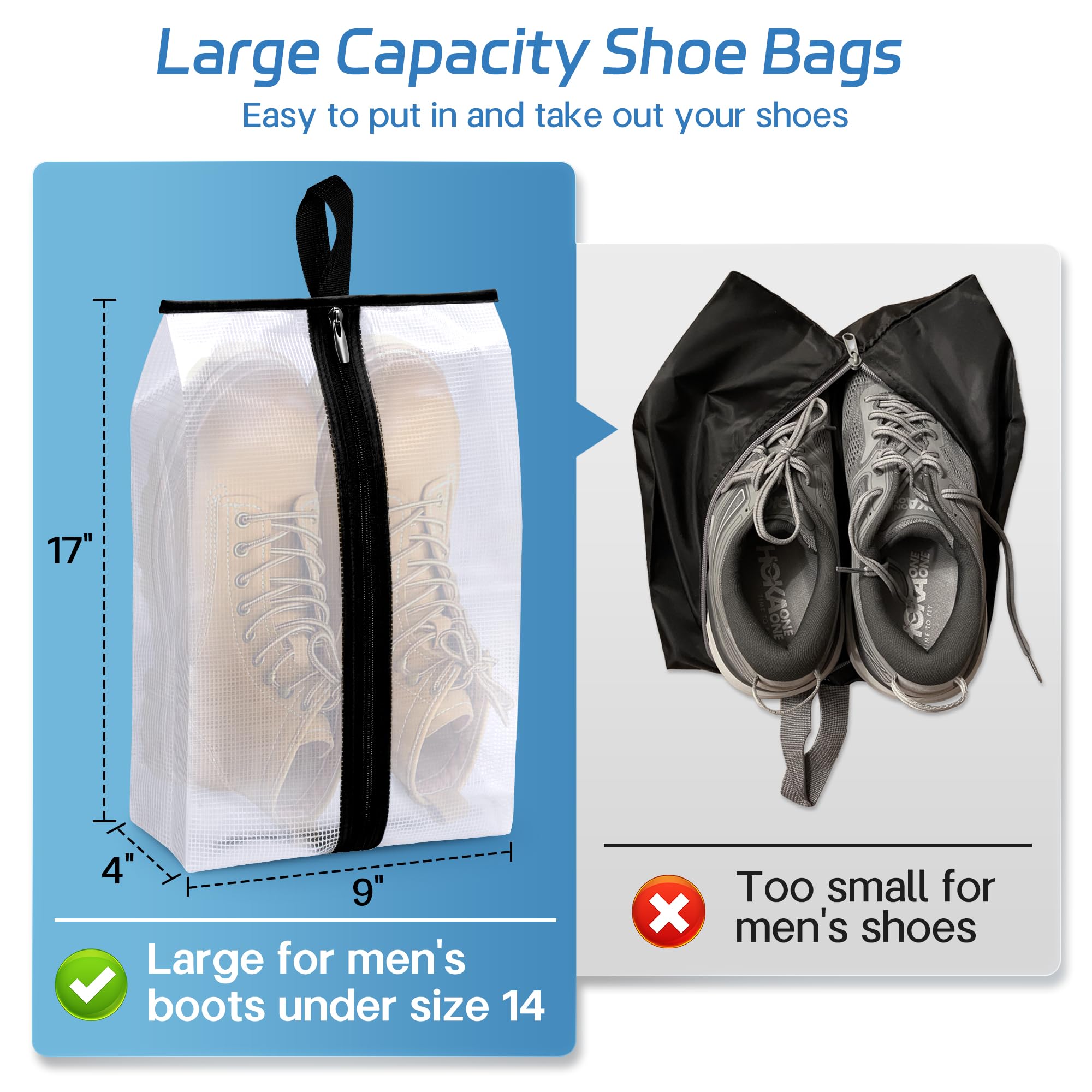 MISSLO Waterproof Shoe Bags for Travel 4 Pack XX-Large Shoe Storage Bag Clear Shoe Pouch Portable Shoe Organizer Bag with Sturdy Zipper for Men & Women