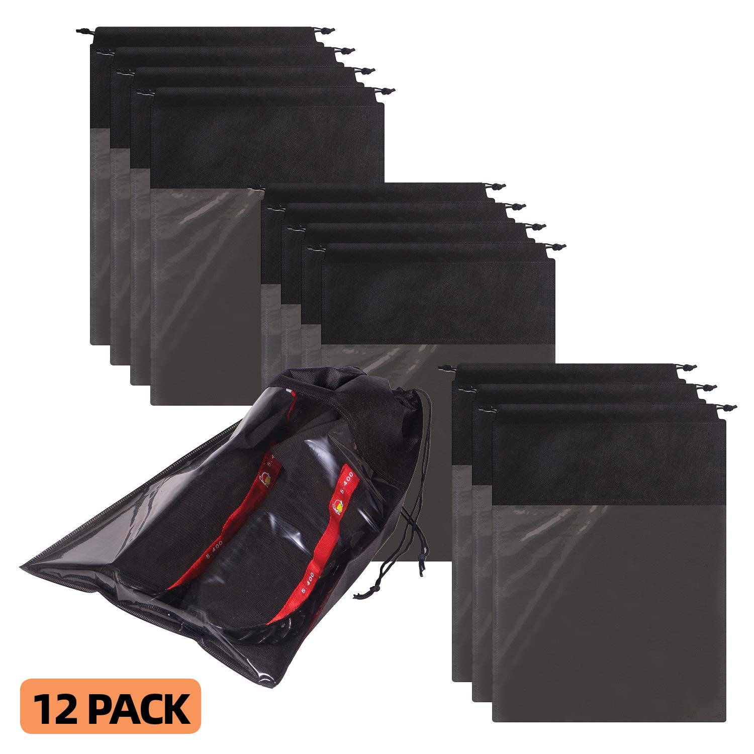 12 Pack Portable Shoe Bags for Travel Large Shoes Pouch Storage Organizer Clear Window with Drawstring for Men and Women Black