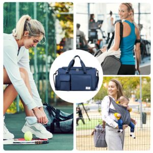 FIORETTO Womens Mens Sports Gym Bag Duffle Bag with Shoes Compartment, Weekend Travel Bag Overnight Bag for Women, Foldable Water Resistant Holdall Hospital Bag For Swimming, Basketball (Navy Blue)