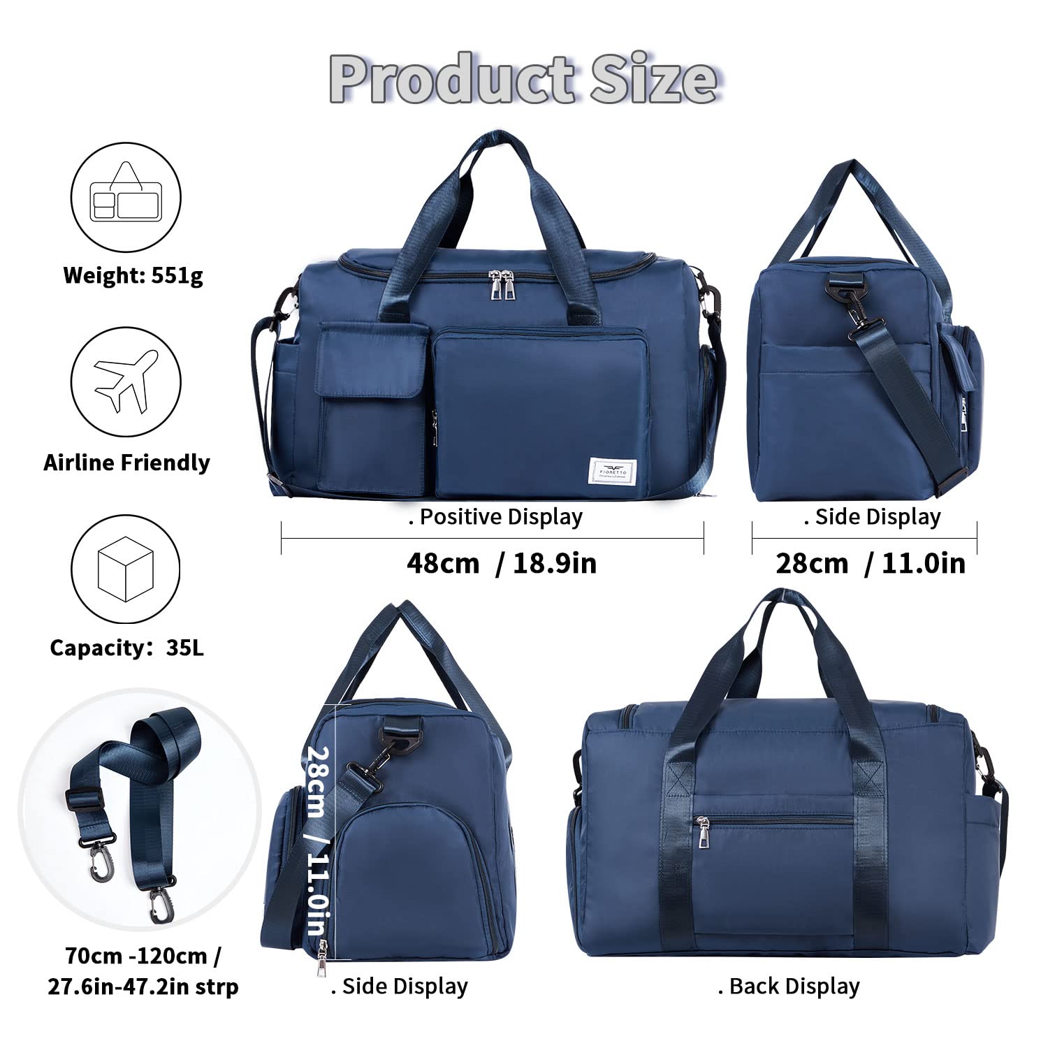 FIORETTO Womens Mens Sports Gym Bag Duffle Bag with Shoes Compartment, Weekend Travel Bag Overnight Bag for Women, Foldable Water Resistant Holdall Hospital Bag For Swimming, Basketball (Navy Blue)