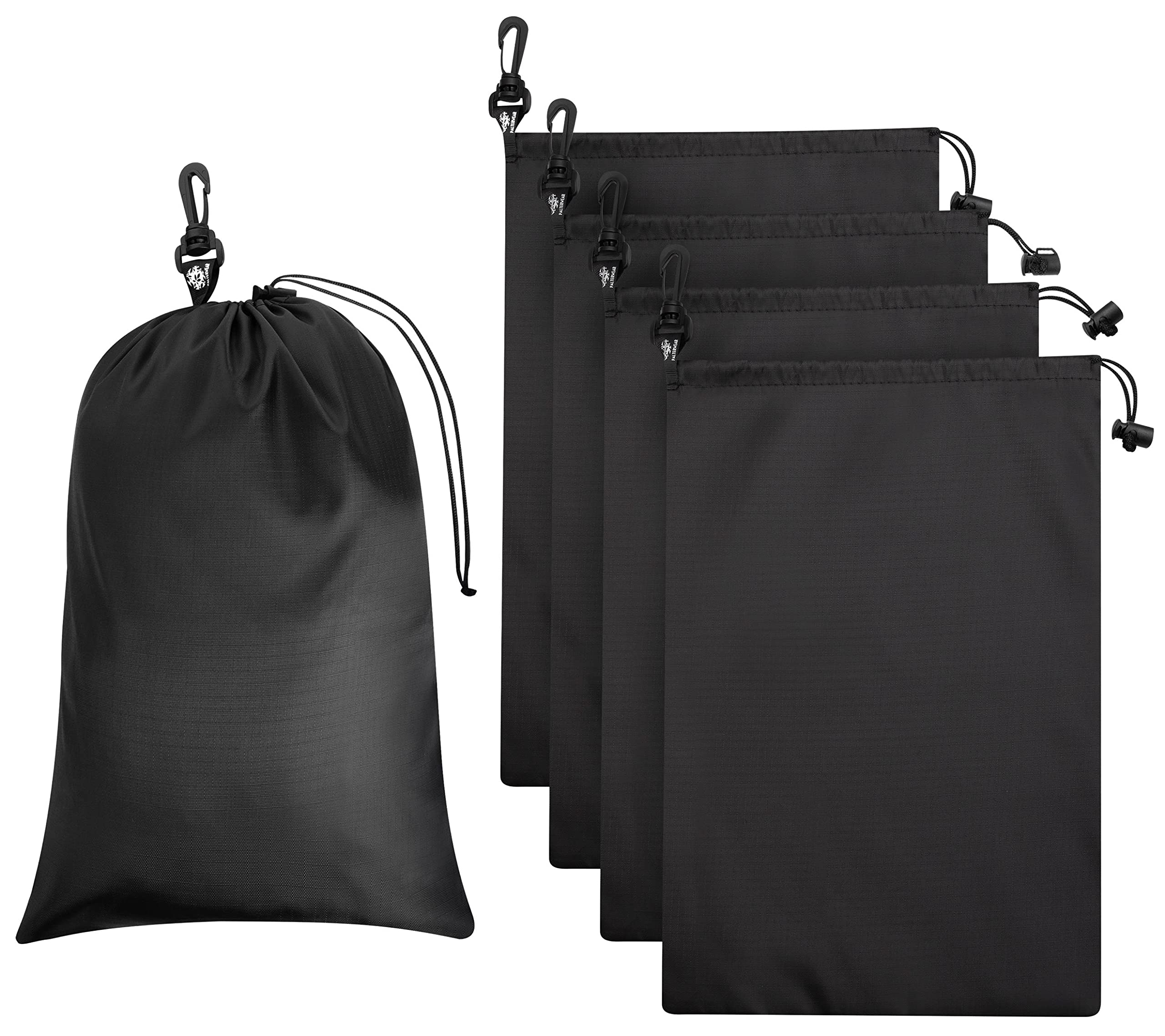 PALTERWEAR Drawstring Bag - Cinch and Ditty Pouch with Clip for Travel, Wardrobe, Outdoors - Set of 5 (Black, 10 x 15 inch)