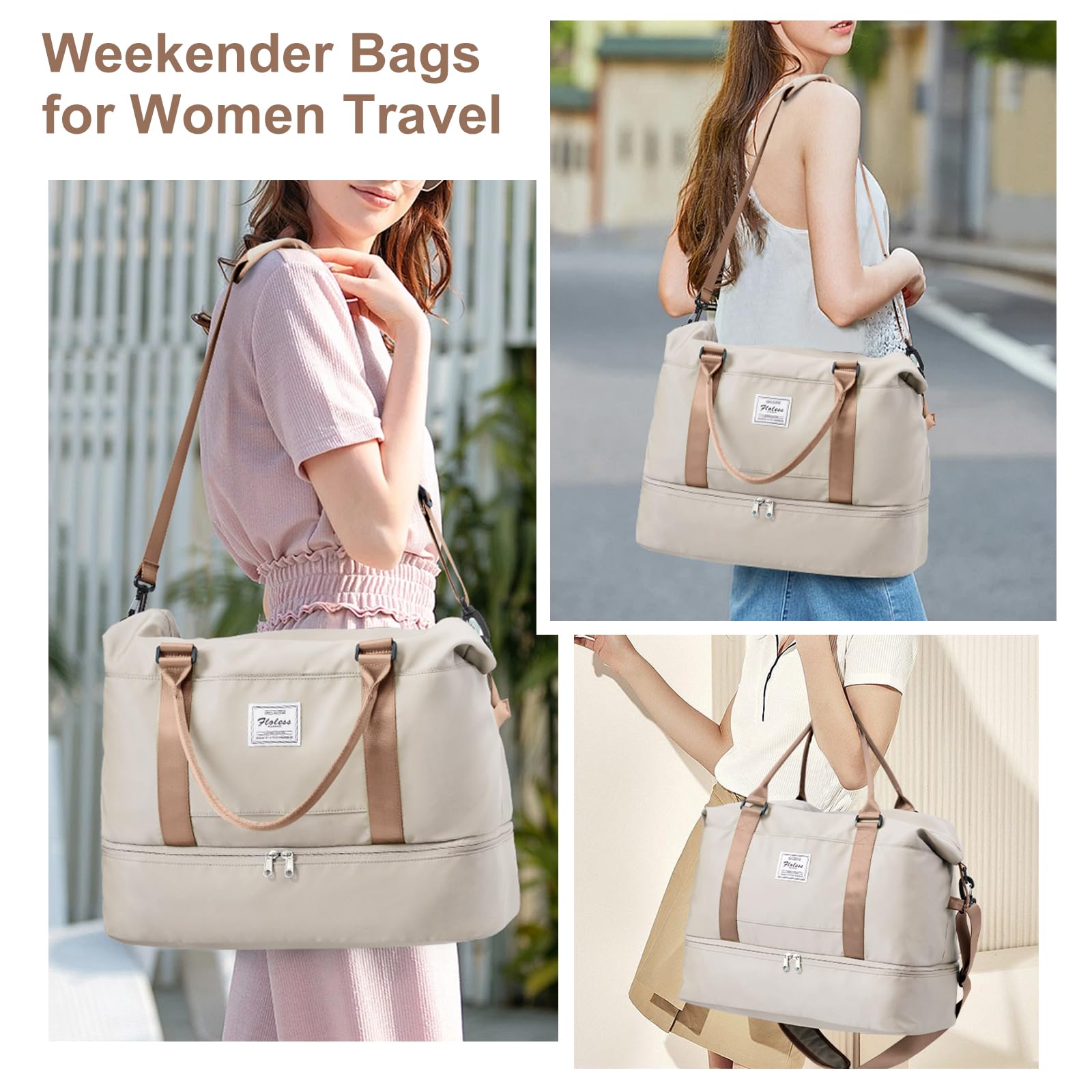 Weekender Bags for Women, Travel Duffel Bags with Shoe Compartment,Personal Item Travel Bag for Airlines, Carry on Overnight Tote Bag for women with Toiletry Bag，Beige&Brown