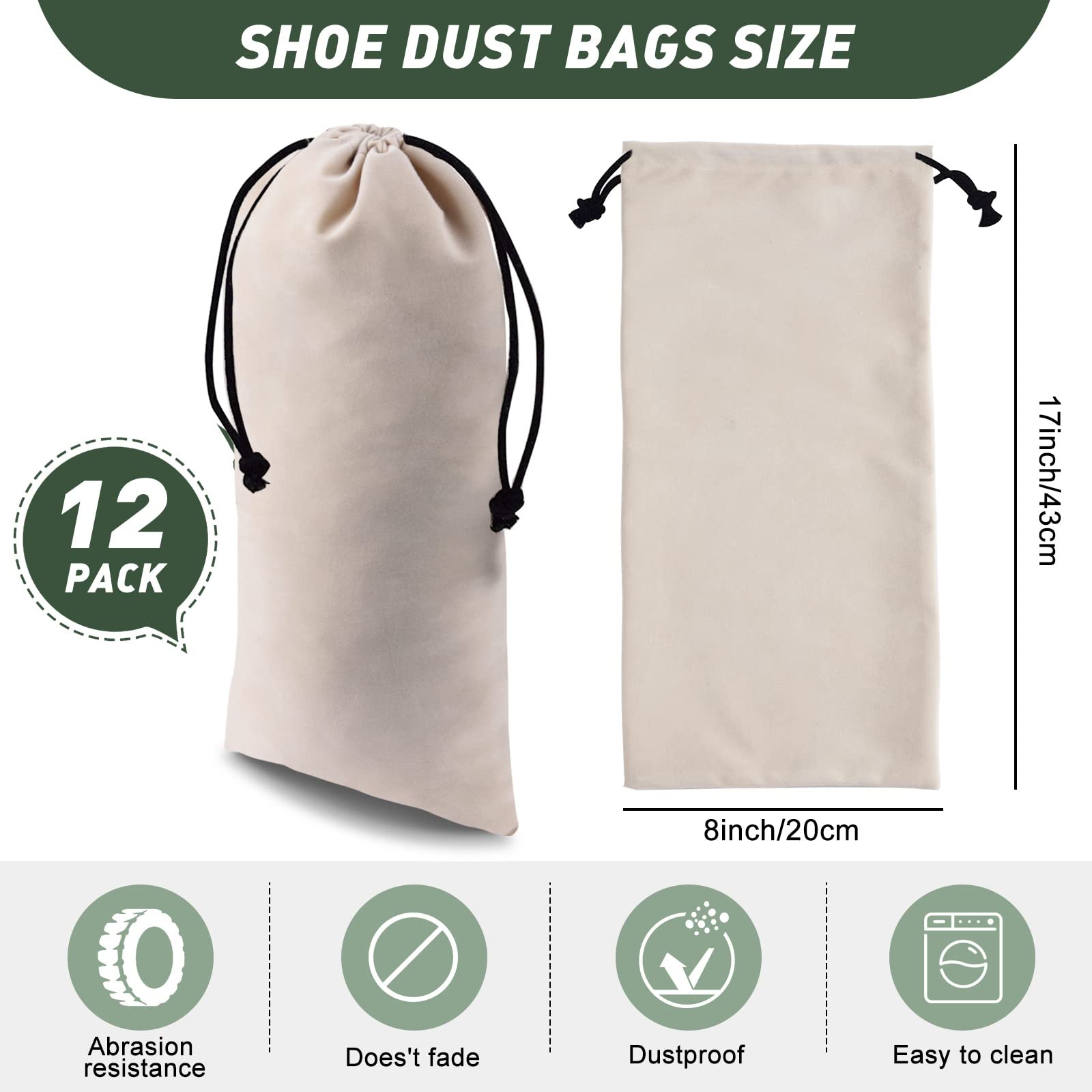 12 Pcs Shoe Dust Bags Beige Duster Flannel Single Shoe Pouch with Drawstring Closure Washable Breathable Shoe Covers for Travel Home Luggage Handbags, 8 x 17 Inches