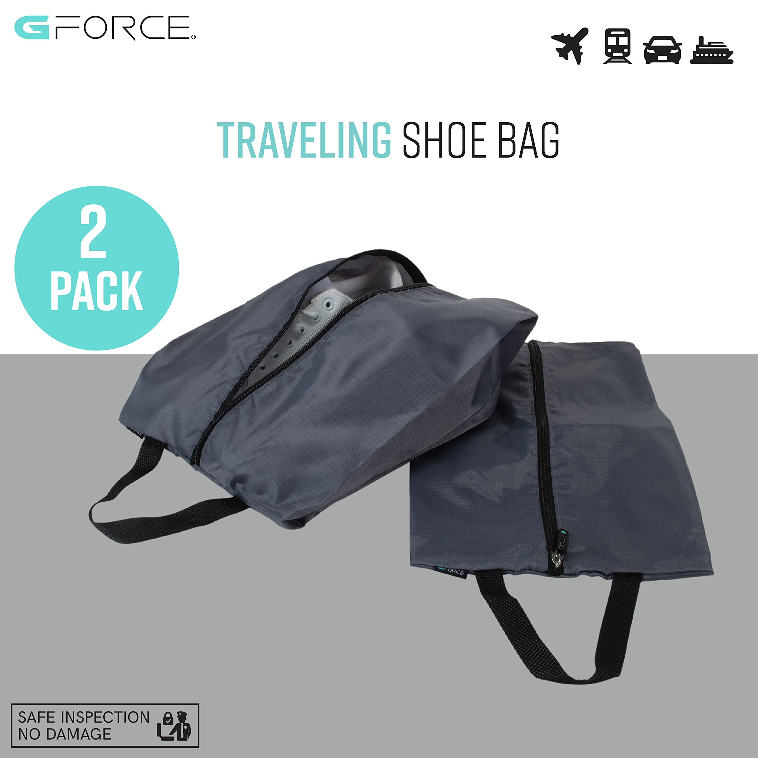 GForce Set of 2 Traveling Shoe Bags | Lightweight | Portable Carrying Handle | Packing Luggage Organizer | Protects Shoes | Durable Rip-Stop Nylon | Grey