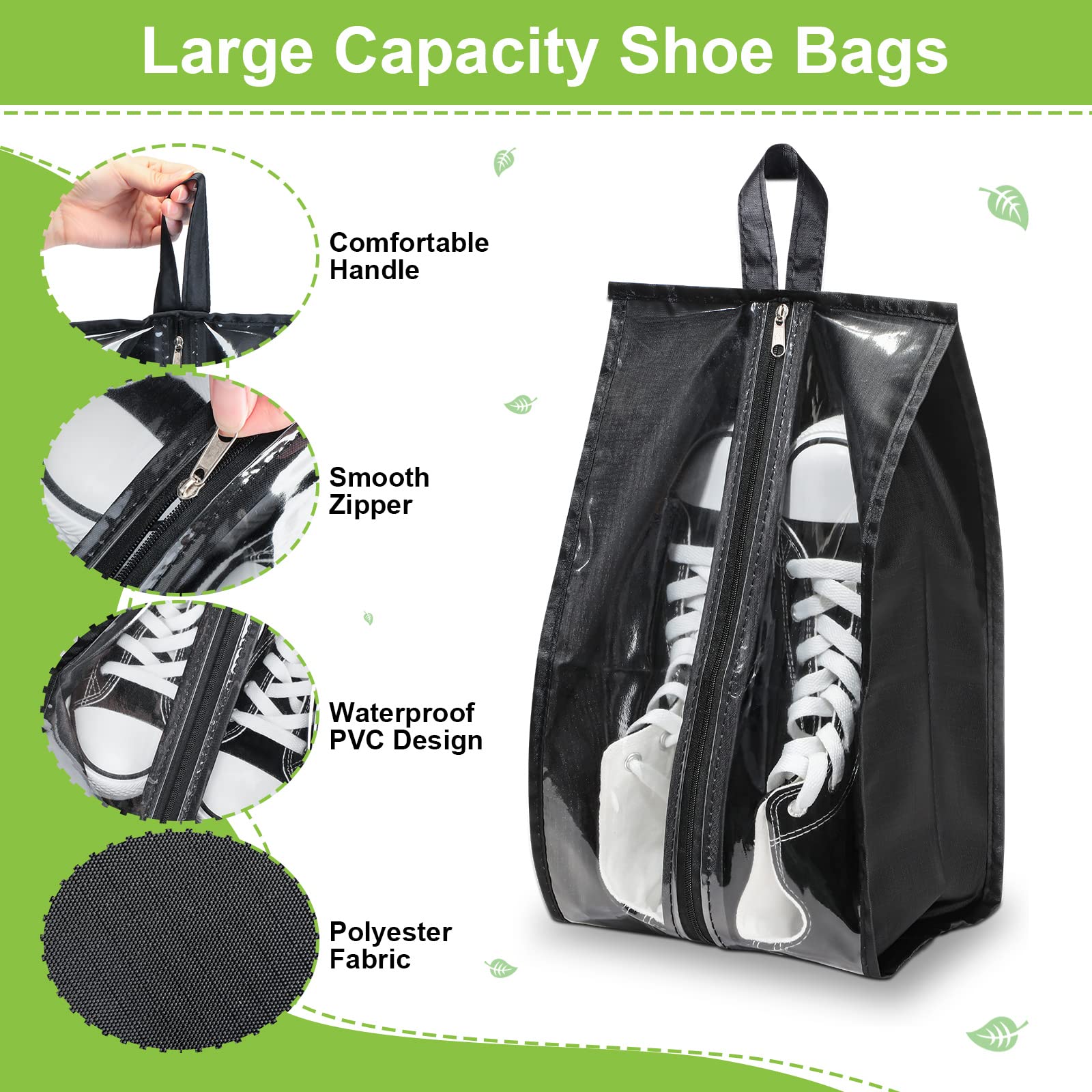 12 Pieces Shoe Bags for Travel Large Shoe Organizer for Men Women Waterproof Portable Shoe Bags with Sturdy Zipper for Travel Home Luggage Handbag, Black, 7.9 x 15.7 Inch