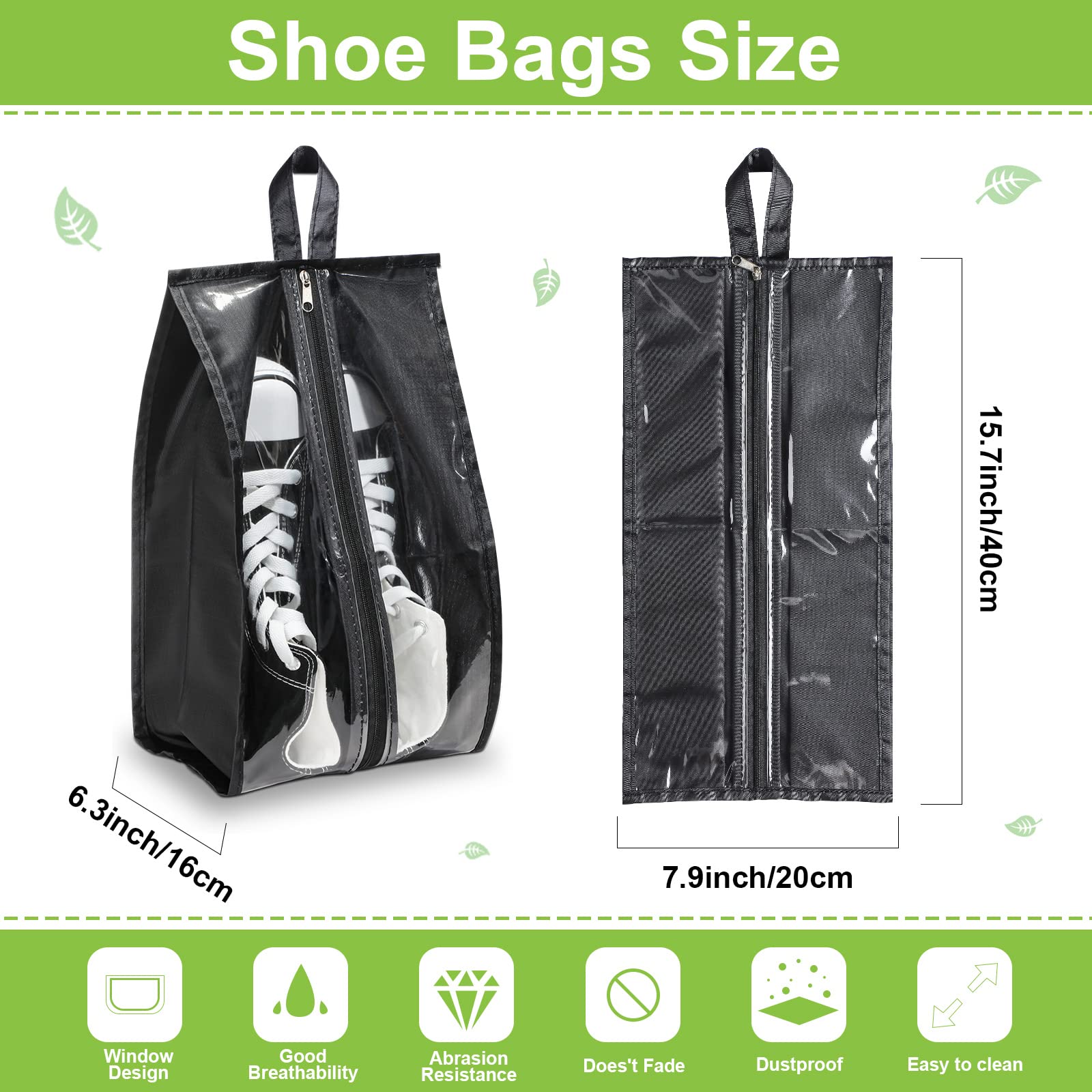 12 Pieces Shoe Bags for Travel Large Shoe Organizer for Men Women Waterproof Portable Shoe Bags with Sturdy Zipper for Travel Home Luggage Handbag, Black, 7.9 x 15.7 Inch