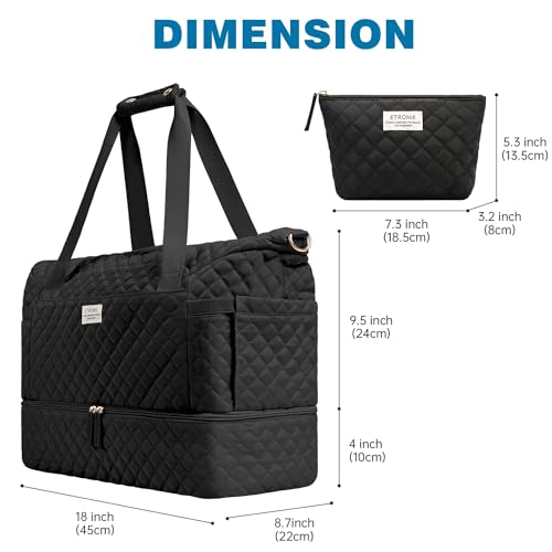 ETRONIK Travel Bag for Women, Gym Duffel Bag with Shoes Compartment, Weekender Overnight Bag with Wet Pocket for Women Travel Gym Daily Use (Black)