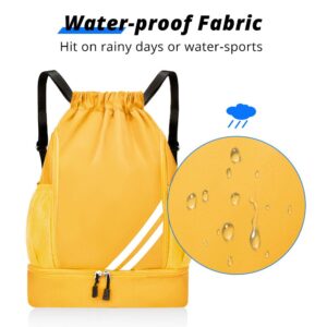 Drawstring Backpack Sports Gym Bag with Shoes Compartment, Waterproof Draw String Back Bag for Men Women (Yellow)