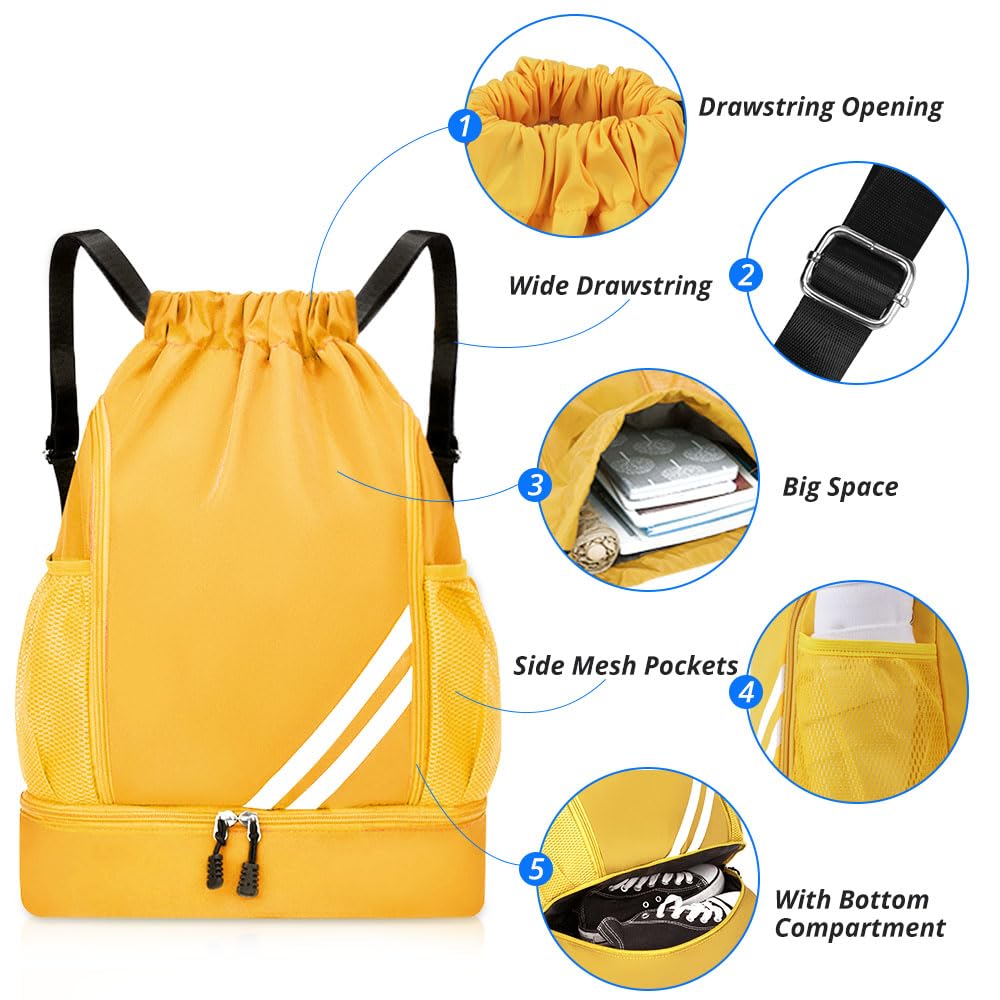 Drawstring Backpack Sports Gym Bag with Shoes Compartment, Waterproof Draw String Back Bag for Men Women (Yellow)