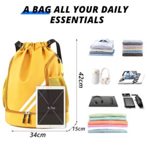 Drawstring Backpack Sports Gym Bag with Shoes Compartment, Waterproof Draw String Back Bag for Men Women (Yellow)