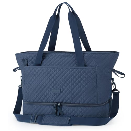 BAGSMART Weekender Overnight Bag 39L Large Travel Duffle Bag for Women, Quilted Cotton Sports Gym Bag with Shoe Compartment, Carry-on Bag with Multiple Pockets, Machine Washable(Navy Blue)