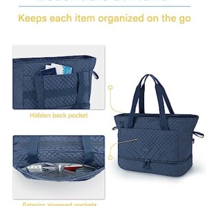 BAGSMART Weekender Overnight Bag 39L Large Travel Duffle Bag for Women, Quilted Cotton Sports Gym Bag with Shoe Compartment, Carry-on Bag with Multiple Pockets, Machine Washable(Navy Blue)