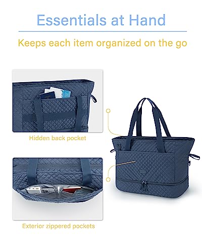 BAGSMART Weekender Overnight Bag 39L Large Travel Duffle Bag for Women, Quilted Cotton Sports Gym Bag with Shoe Compartment, Carry-on Bag with Multiple Pockets, Machine Washable(Navy Blue)