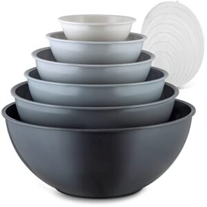 zulay kitchen 12 piece plastic mixing bowls with lids set - colorful mixing bowl set for kitchen - nesting bowls with lids set - microwave and freezer safe (gray ombre)